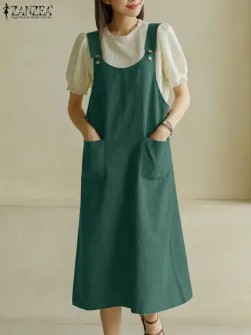 ZANZEA Women Tank Long Dress 2024 Summer senza maniche tasche Robe Casual allentato regolare bretella prendisole moda Solid Midi Dress