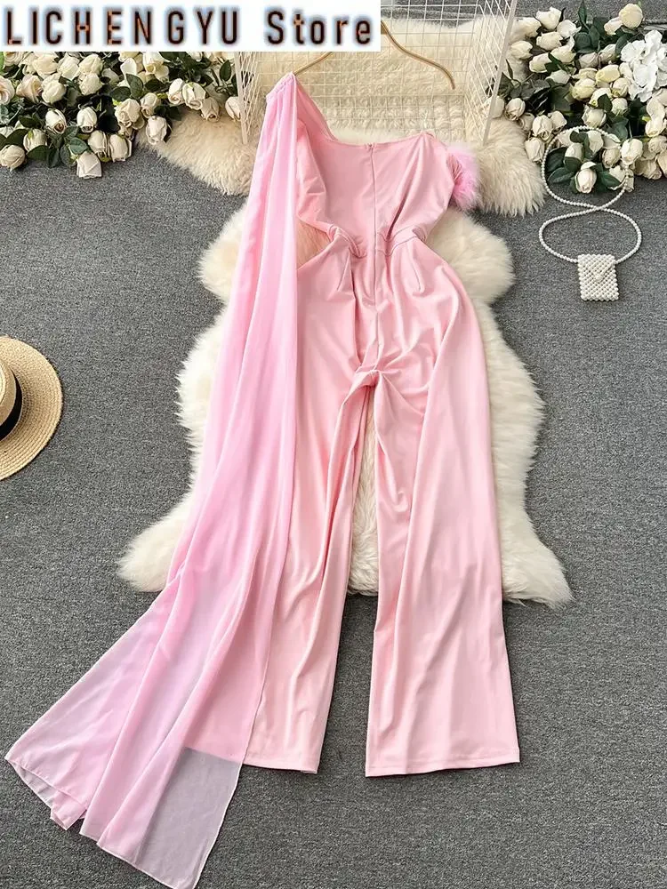 New Sweet Style Chic Jumpsuit Women Slash Neck Strapless Patchwork High Waist Fashion Jumpsuits Winter Spring