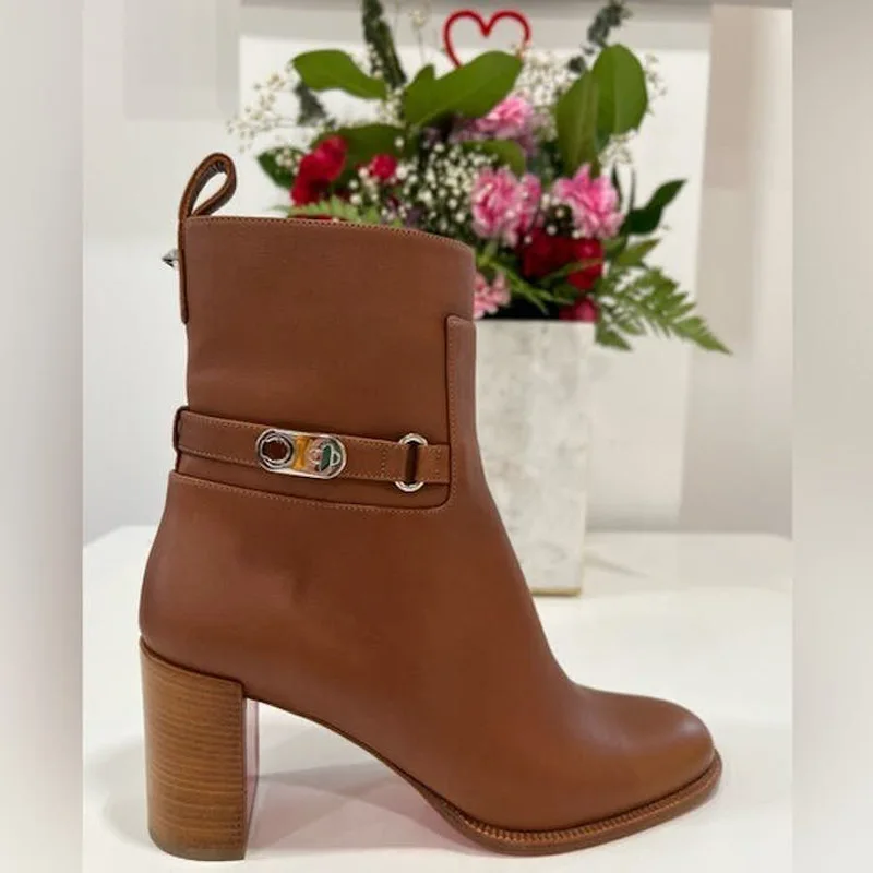 Round Toe Thick High Heel Short Boots Soft Belt Buckle Skinny Botines Comfortable Versatile Side Zipper Women Botas Femininas