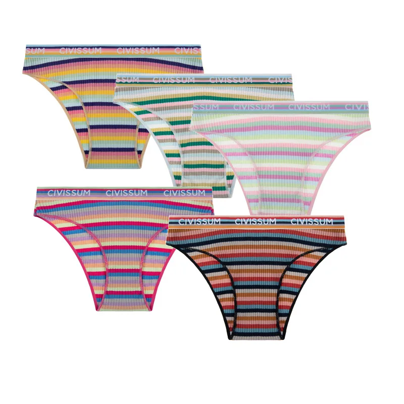 3PCS/Set Women Sexy Cotton Panties Female Low Waist Underwear Colorful Rainbow Striped Lingerie Girls Comfort Cute Briefs 606