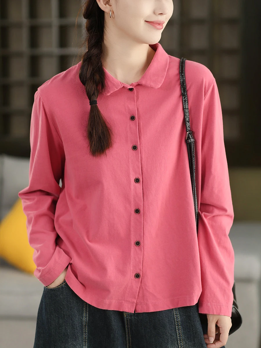 

Retro 00% Cotton Long Sve irt Women's Ele Collar Pure Color Versatile Autumn Faion Breathable Comfortable Top