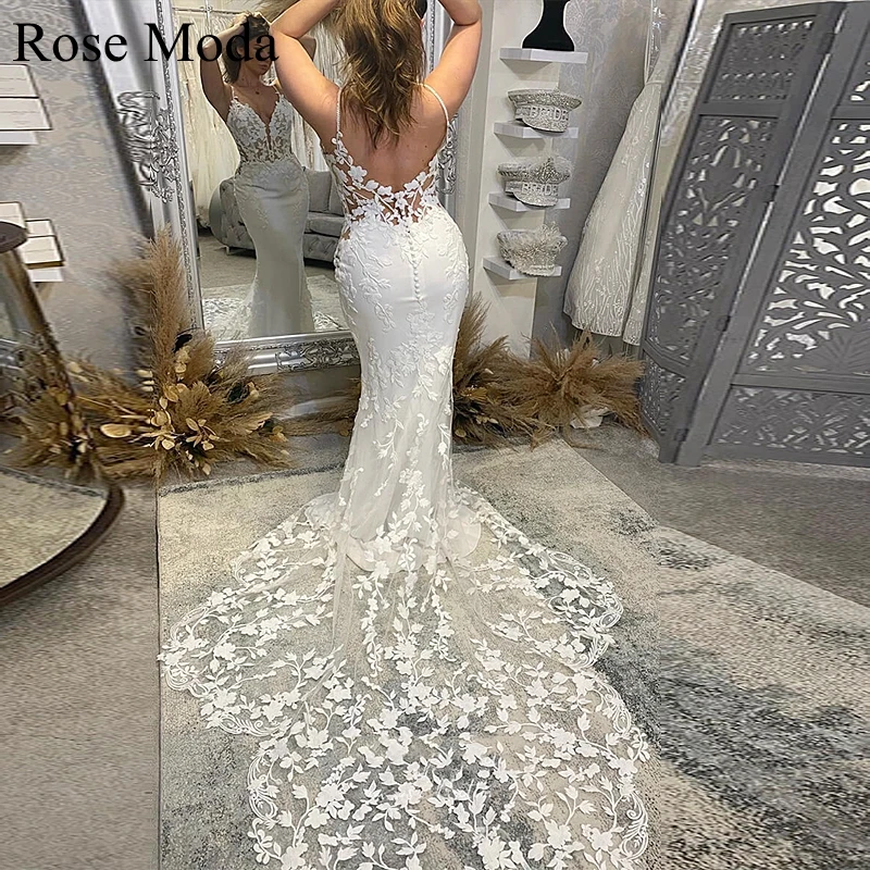 

Rose Moda Deep V Neck Sheath Wedding Dresses with Long Lace Train Backless Destination Bridal Gown Custom Make