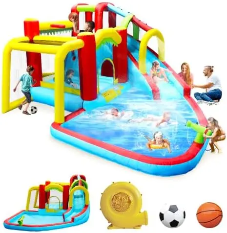 

7 in1 Inflatable Slide Water Park Bouncing House Outdoor Soccer Garden Bouncer with Splash Pool & Water Gun & Climbing Wall & Ba