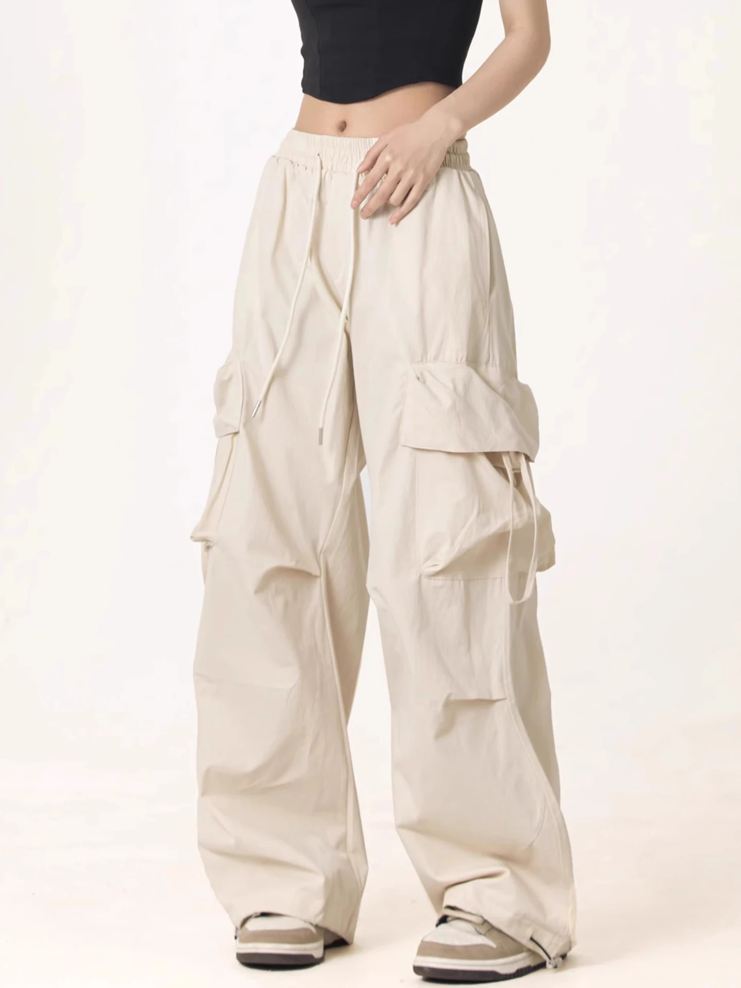 

plus Size Women's Casual Pants in Beige Thin Qui Dry Summer Loose Fit Polyester Fiber High Waist Trousers with kets