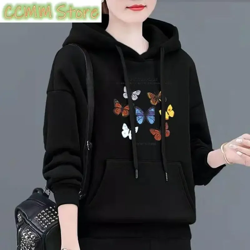 Women's Clothing Butterfly Printed Sweatshirts Casual Hooded Autumn Winter Thick Stylish Drawstring Pockets Korean Pullovers New