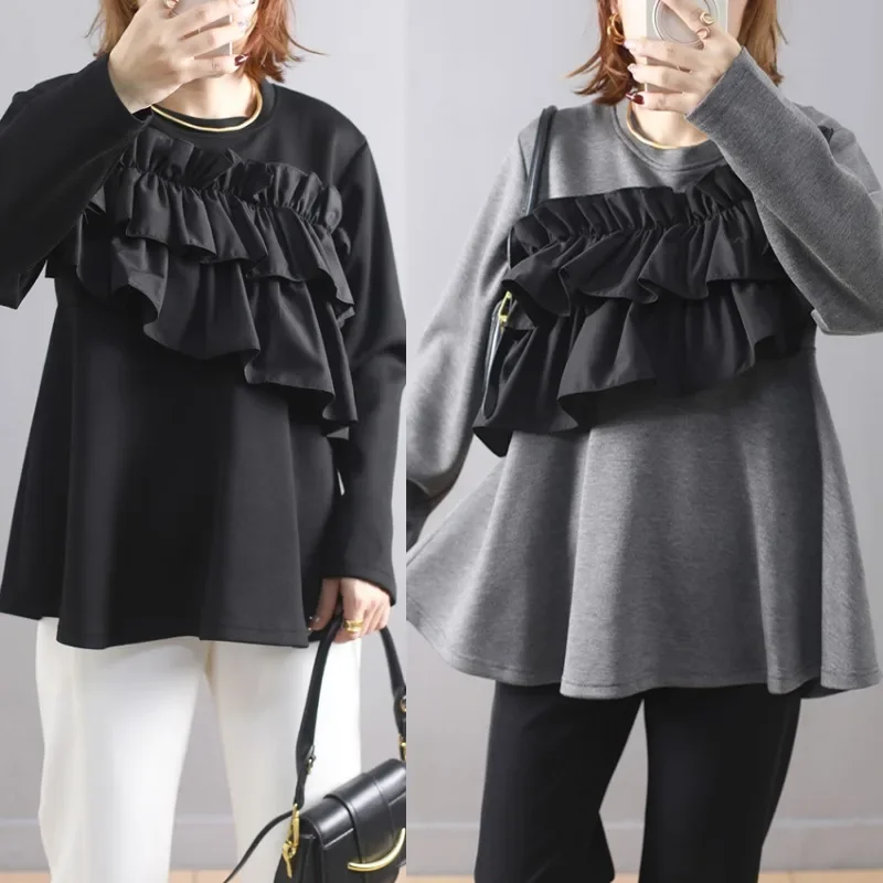 Korean Ruffles Patchwork Women\'s Hoodie Autumn Fashion O-Neck Long Sleeve Causal Loose Pullover Sweatshirt Tops Woman Clothes