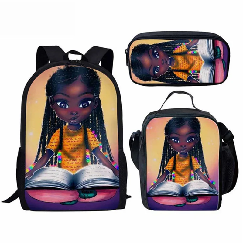 Cartoon African girl 3pcs/Set Backpack 3D Print School Student Bookbag Travel Laptop Daypack Lunch Bags Pencil Case