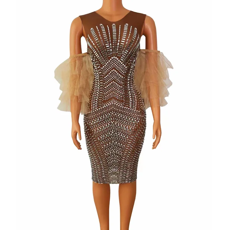 Sparkly Rhinestonesโปร่งใสBodyconชุดหรูหราจัดเลี้ยงพรหมวันเกิดPartyตาข่ายชุดนักร้องEvening Show Stageเครื่องแต่งกาย