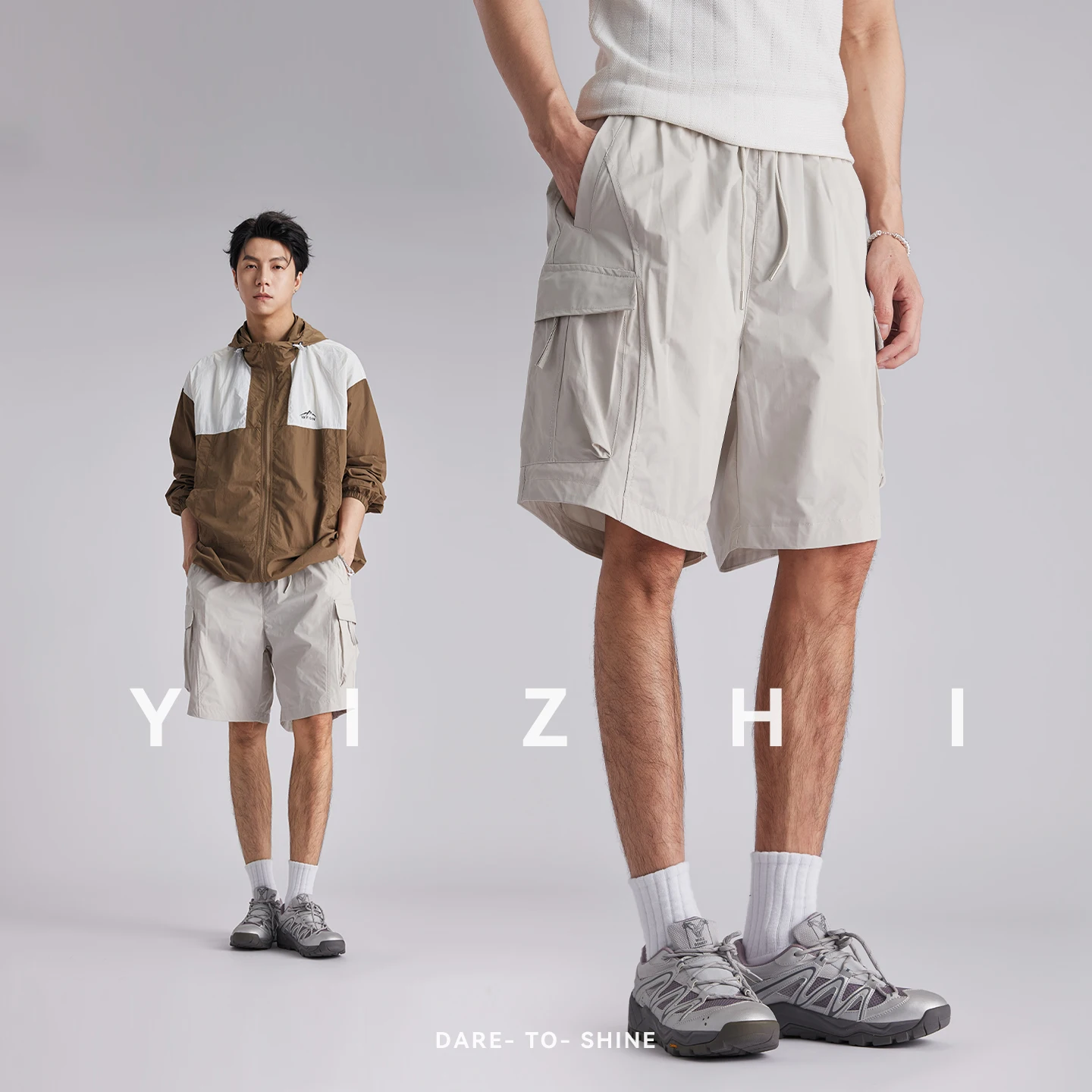 Fashion Men Thin Quick Dry Cargo 5 Inch Shorts 2026 Summer Elastic Waist Multi Pockets Loose Outdoor Casual Knee Length Shorts