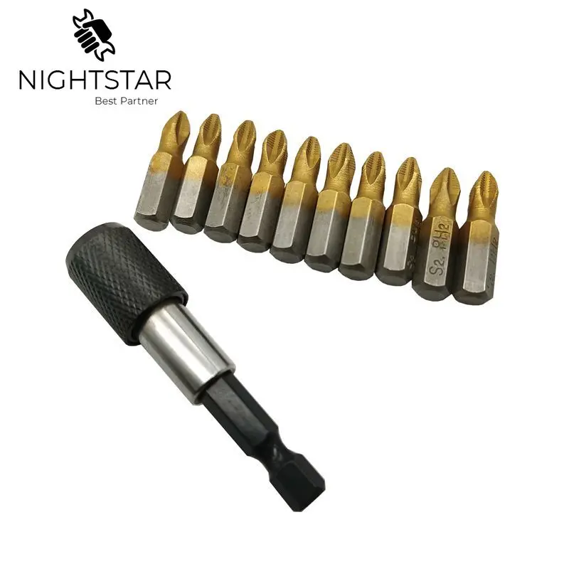 

10pcs 25mm 1/4" Shank Anti Slip PH2 Titanium Coated Screwdriver Drill Bits + Quick Release Holder Extension Bar Professional