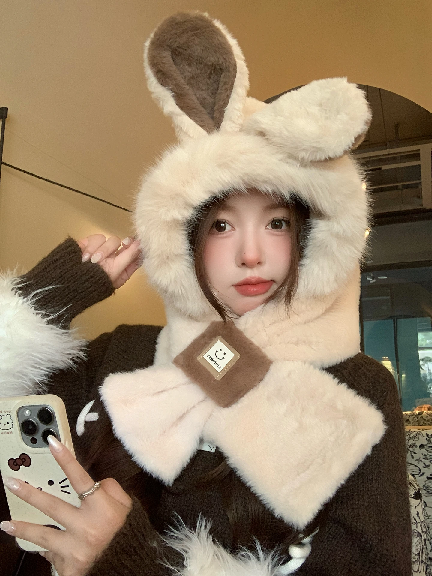 2Ni1 새로운 여성용 방풍 모자와 토끼 디자인의 따뜻한 스카프, 가을과 겨울에 적합, 목 따뜻한 모자, 깜짝 선물