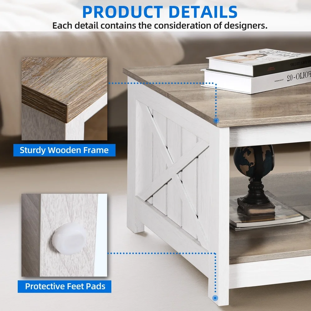 Farmhouse Square Coffee Table with Open Storage Sliding Barn Door Adjustable Feet Durable Wood Gray Wash Indoor Use