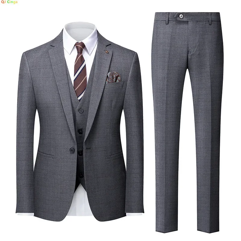 Gray Plaid Mens Suit 3 Pieces, Wedding Party Dress Jacket and Vest with Trousers, Asian Size S-XXXL, Fashion Men Slim Sets