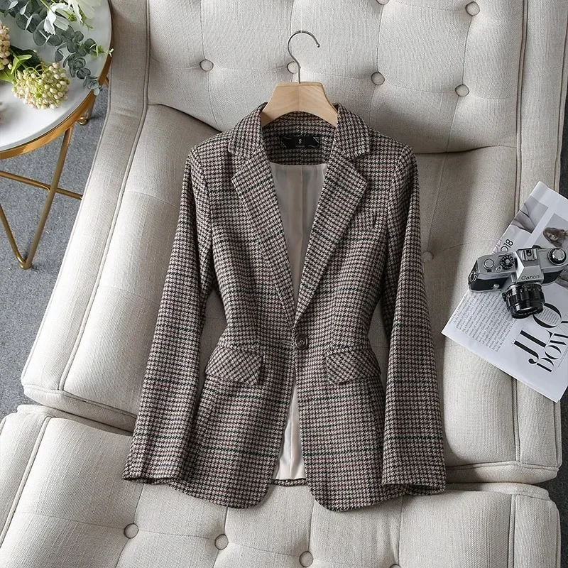 Houndstooth Women Suit 1 Piece Blazer Female Fall Winter Office Lady Business Work Wear Fashion Girl Coat Jacket Casual Dress