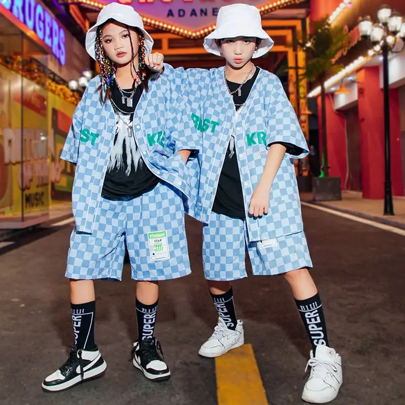 Children Street Dance Clothes Girls Denim Plaid Kpop Outfit Jazz Dancing Stage Performance Costume Hip Hop Dancewear