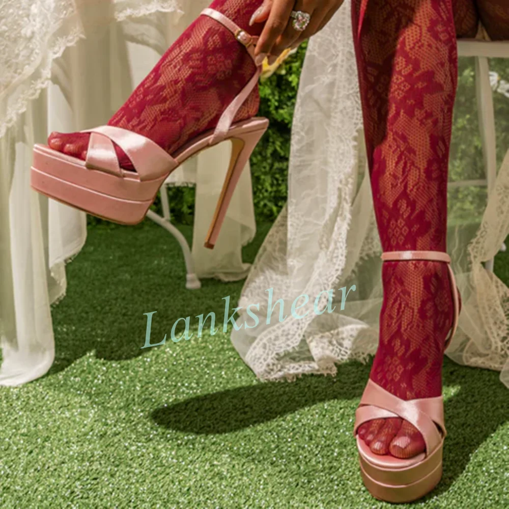Satin Cross Strap Double Platform Sandals Stiletto Super High Heel Ankle Buckle Strap Blush Pink Women Summer Dress Shoes Party
