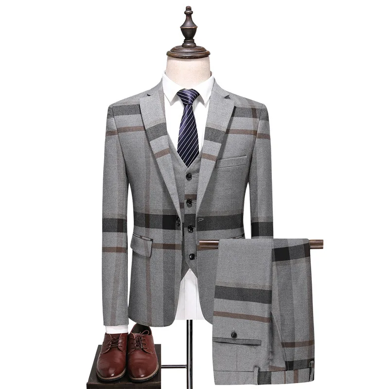 

KIDWHXR Man Three-piece Set Turn Down Collar Blazer Men Single-breasted Vest Straight-leg Pant Male Striped Slim Wedding Outfit