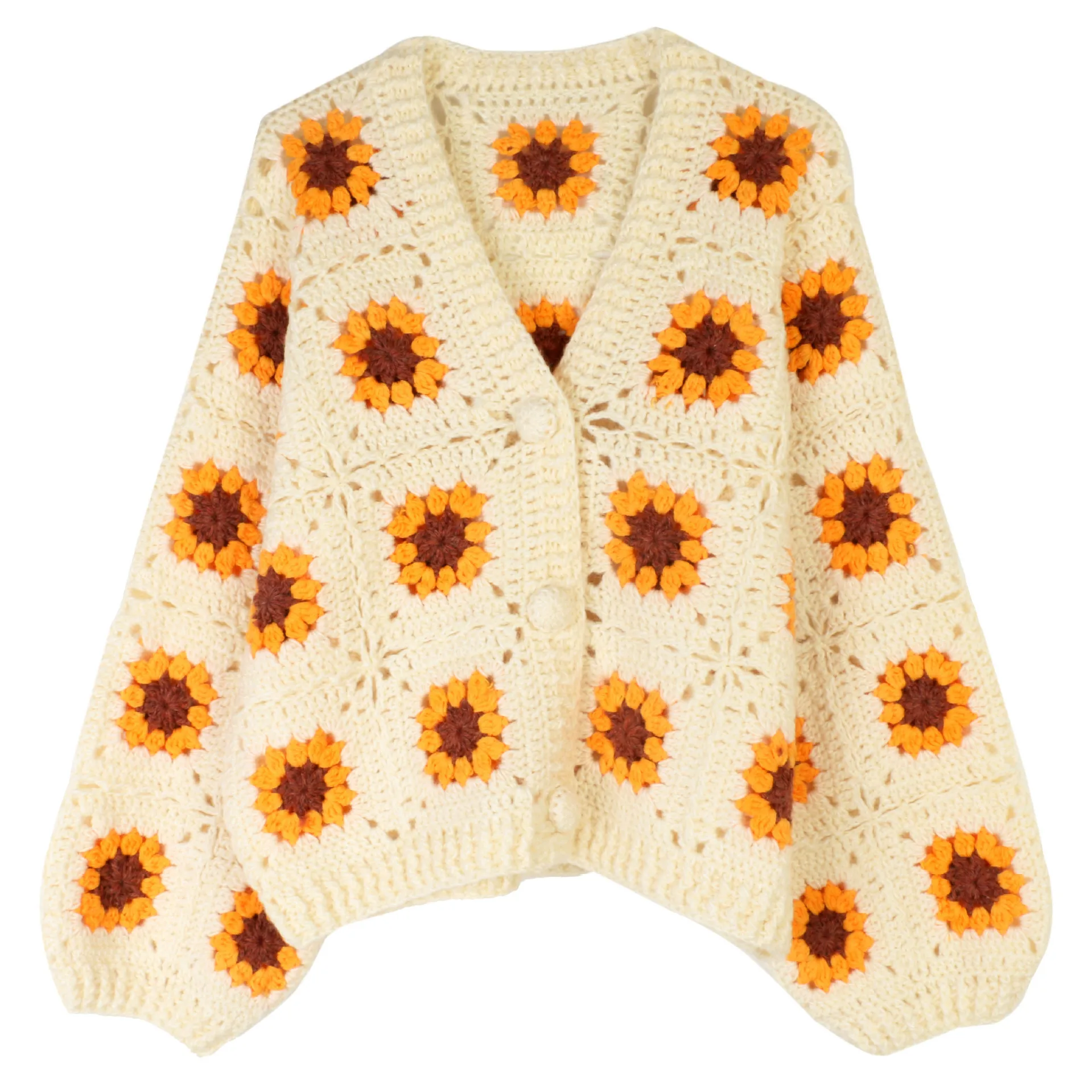

TIYIHAILEY Knitting Coat Women Hand Made Spring Outerwear Full Sleeve Flower Cardigan 2025 New Yellow Single Breasted S-L