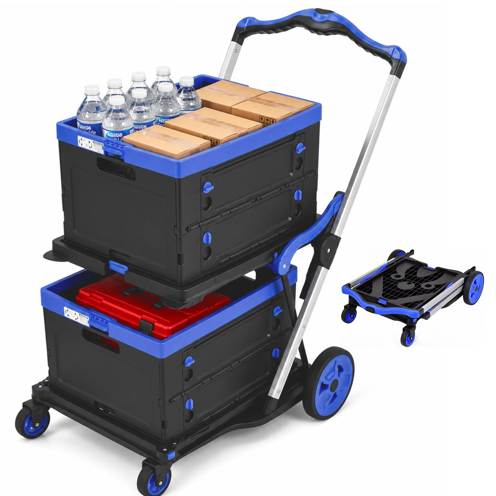 2-Tier Folding Utility Cart Heavy Duty Collapsible Shopping Trolley with 2 Storage Baskets, 200LBS Load Capacity and 360 Degree Lockable Swivel Casters for Grocery Warehouse Office Supermarket