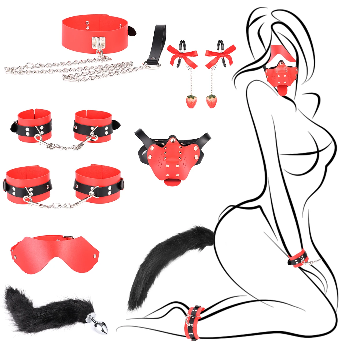 9Pcs Couple Bed Flirting Sex Toy Red Leather Bondage Set Collar Handcuff Nipple Clip Eye Mask Fox Tail Anal Plug Adult SM Tools