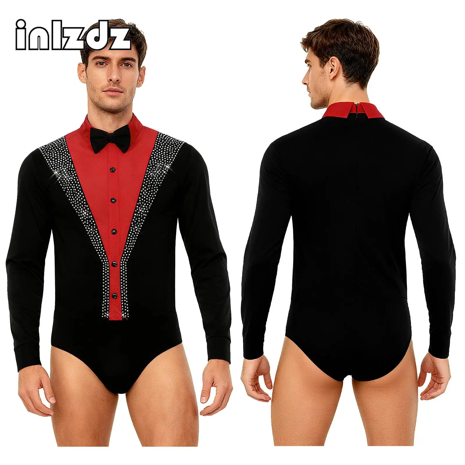 

Mens Figure Skating Latin Dance Bodysuit with Bowtie Shiny Rhinestone Long Sleeve Openable Crotch Leotard Jumpsuit Dance Costume
