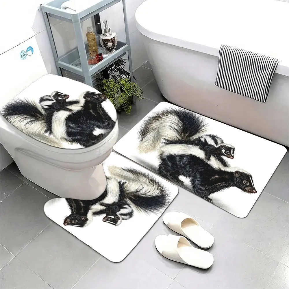 

Set of 3 Ultra-Soft Bathroom Floor Mats with Non-Slip Backing, Featuring a Lifelike Illustration of a Cheerful Skunk Carrying a