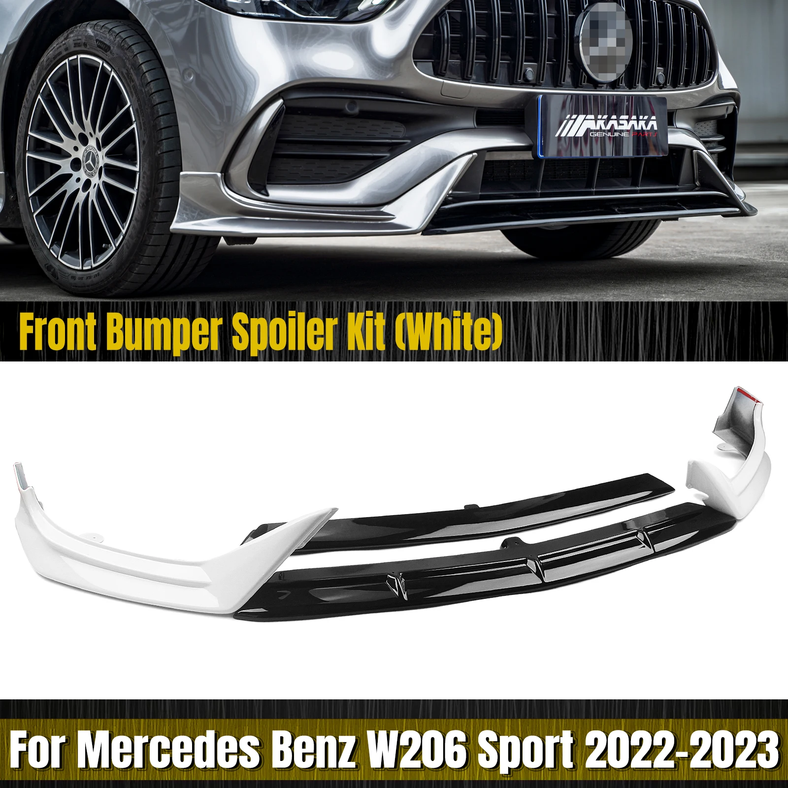 AKASAKA Gloss Black Front Bumper Spoiler Lip Blade+Lower Side Splitter Cover For Mercedes Benz C Class W206 Sport 2022-2023 C300