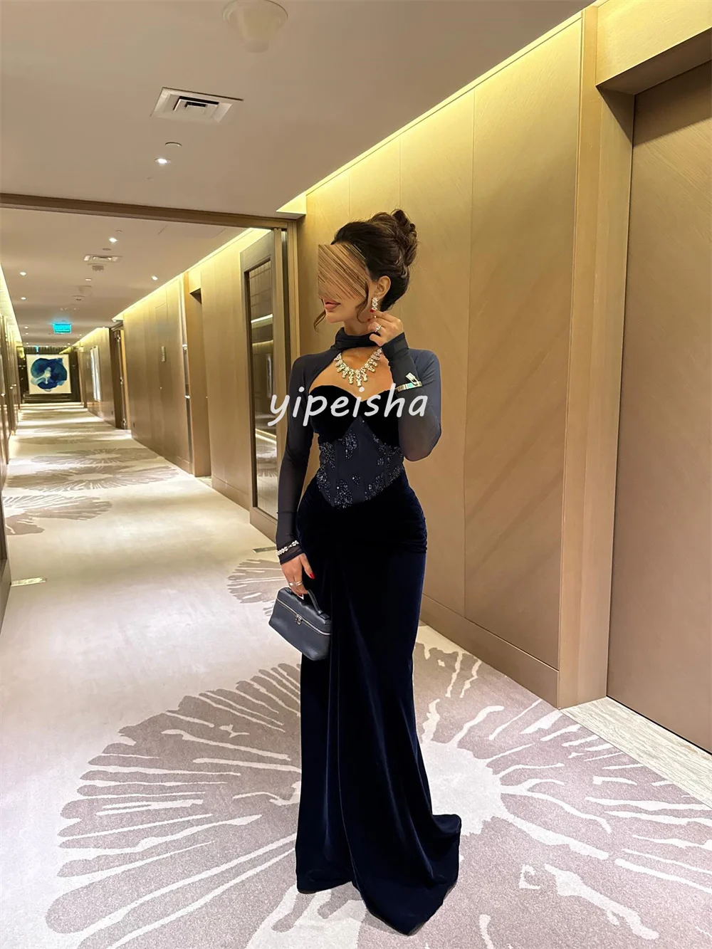 맞춤형 섹시 패션 벨루어 비딩 스팽글 인어 스퀘어 넥 롱 드레스 맞춤형 행사 드레스 다양한 사이즈 제공 레트로