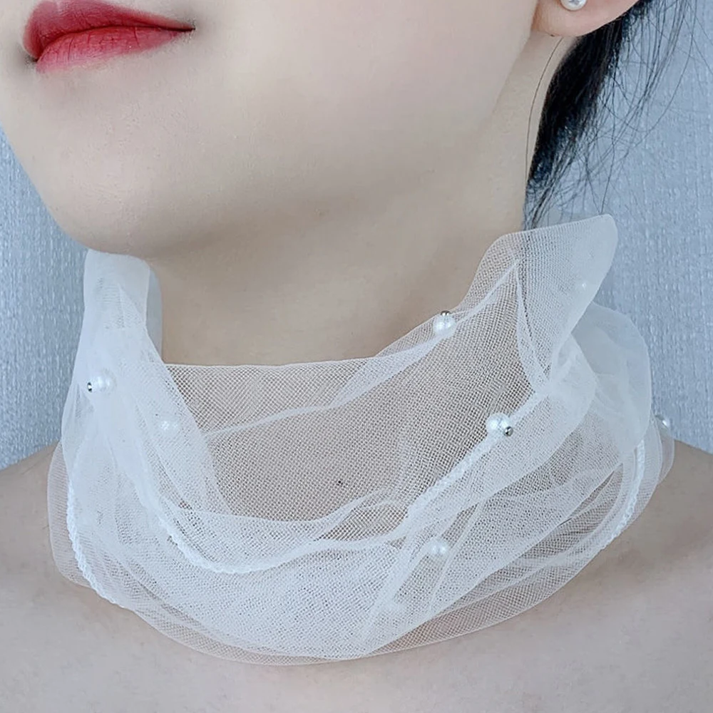 Women Lace Beaded Neck Cover Mesh Fake Pearl Collar Scarf Lady Summer Sunscreen Scarves Organza Elastic Small Neckerchief New