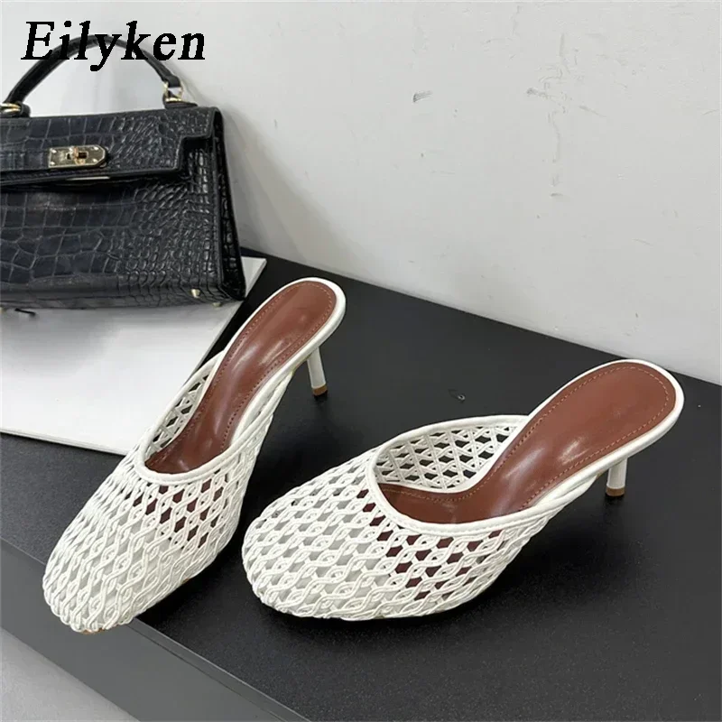 Eilyken Summer Hollow Out Breathable Mesh Weaving Women Slippers Fashion Thin Heels Party Dress Mule Shoes Large Size 43