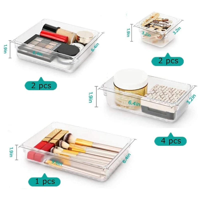 MELEvaluPlateaux transparents assortis, boîtes de rangement polyvalentes, ensemble d'organisateur de maquillage, MELSync, 4 tailles, 9 pièces