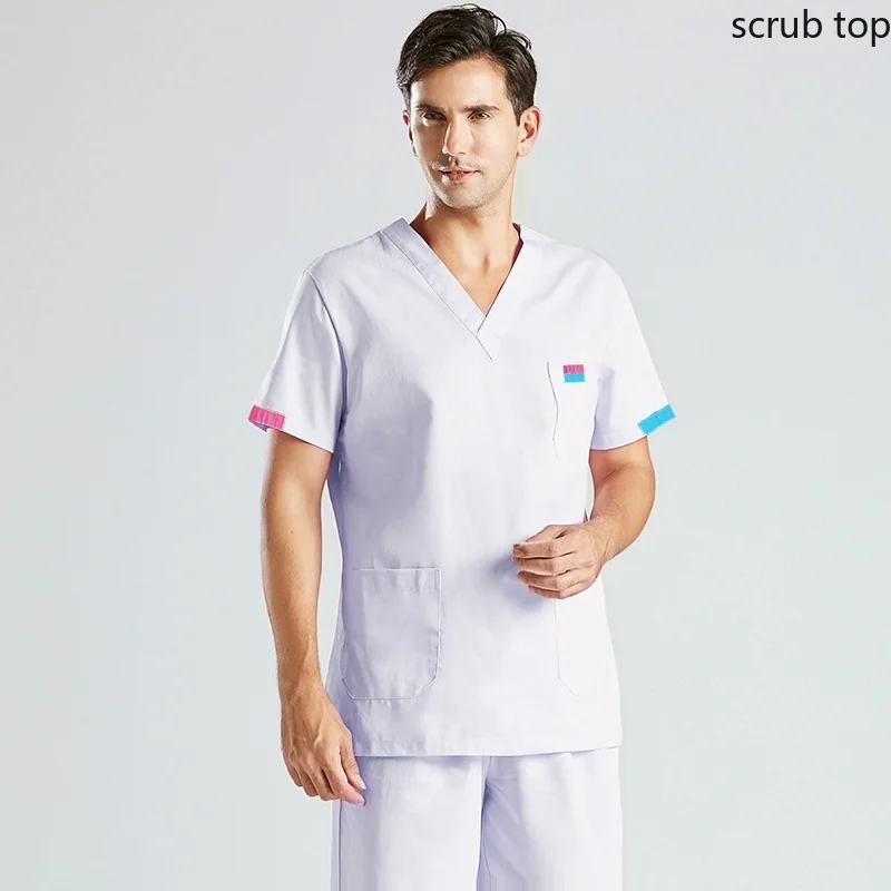 Plug Size Medical Uniforms Men Scrub Top Cotton Short Sleeve Nursing Clothes Doctor Workwear Veterinary Overalls Hospital Scrubs