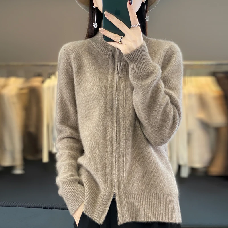 Fashion Solid Zipper Turtleneck Sweater Women Wool Cardigan High Street 2024 Autumn Winter Casual Knit Long Sleeve Female Tops