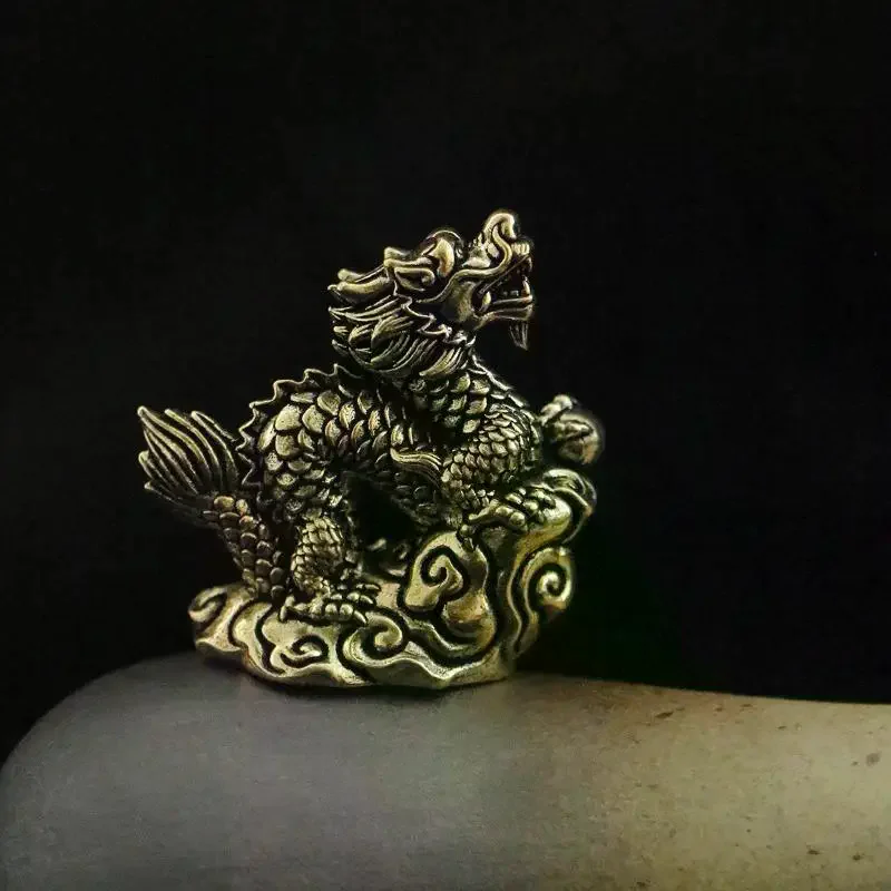 Antique Brass Dragon Statue Ornament, Zodiac Animal Feng Shui Figurine for Office and Home Decoration