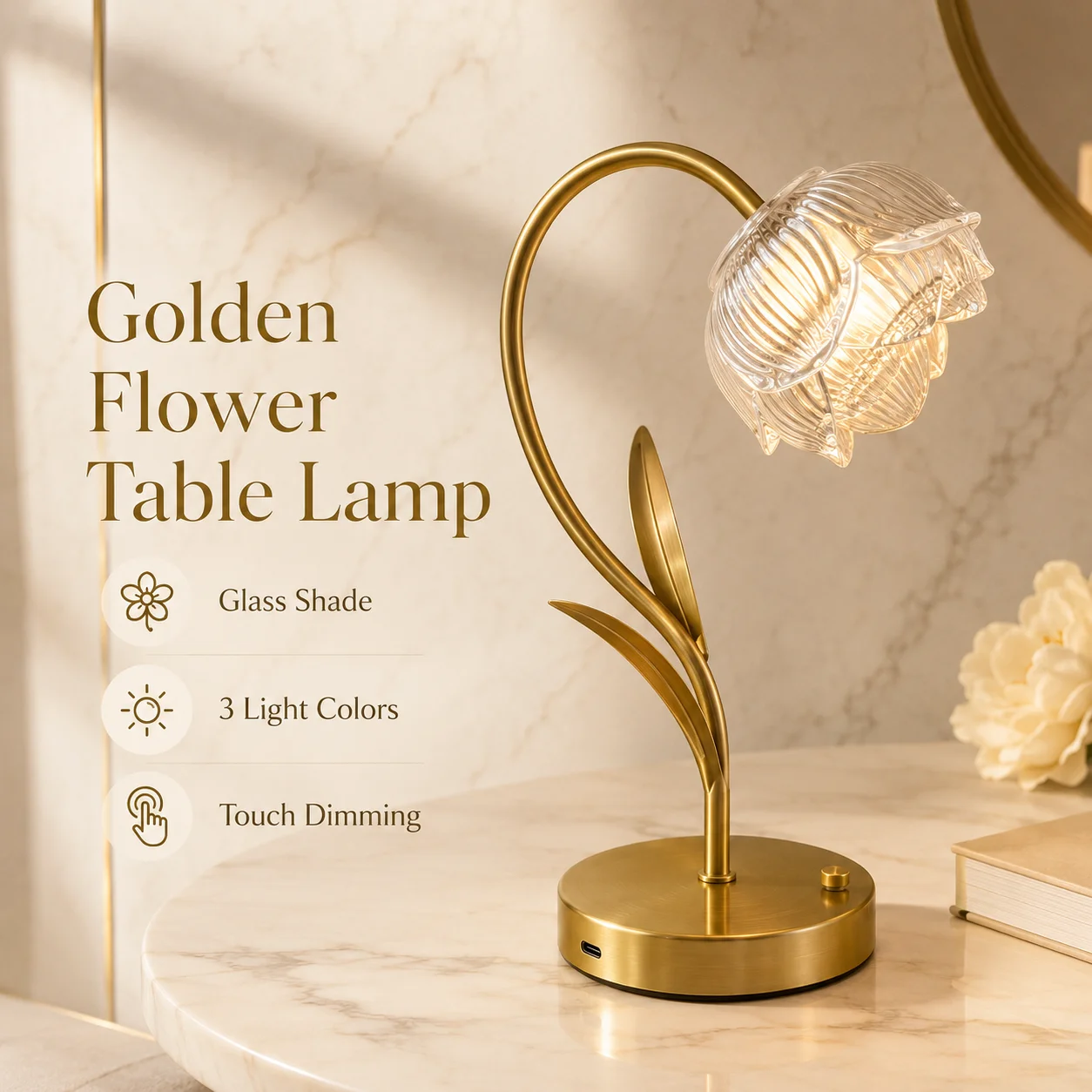 LED Flower Table Lamp Gold Glass Shade 3 Color Modes Stepless Dimming Type-C Rechargeable Touch Lamp for Home Decor