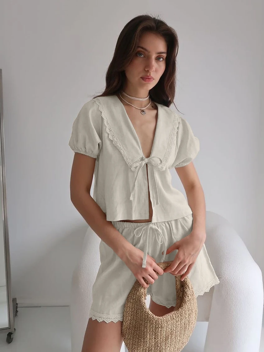 

Marthaqiqi Casual Ladies Nightwear Suit Short Sleeve Pajama Lace Up Nightie Sexy Turn-Down Collar Nightgown Shorts Sleepwear Set