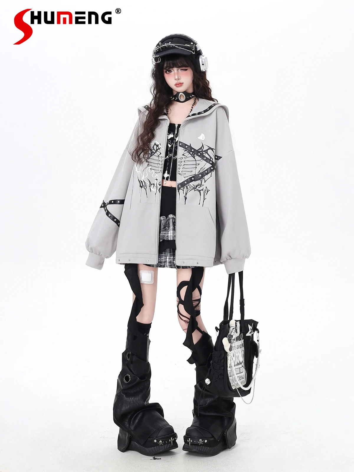

Original Fashion Streetwear Subculture Dark Blue Navy Collar Long Sleeve Patchwork PU Strap Loose Casual Jacket Top Women Autumn