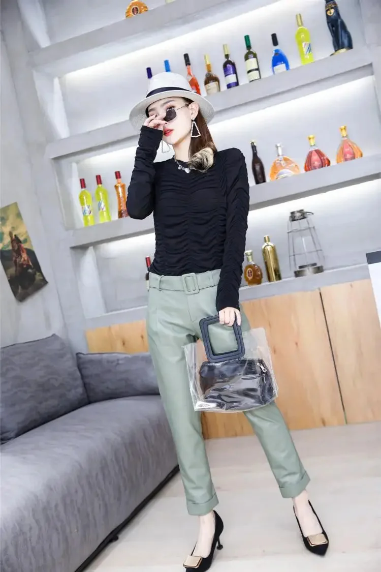 ใช่!shipping.2024ฟรีผู้หญิงมีแบรนด์กางเกง L pants.ca สูท100% celana kulit Asli กางเกงหนังแกะสลิมแฟชั่นยาวถึงข้อเท้า