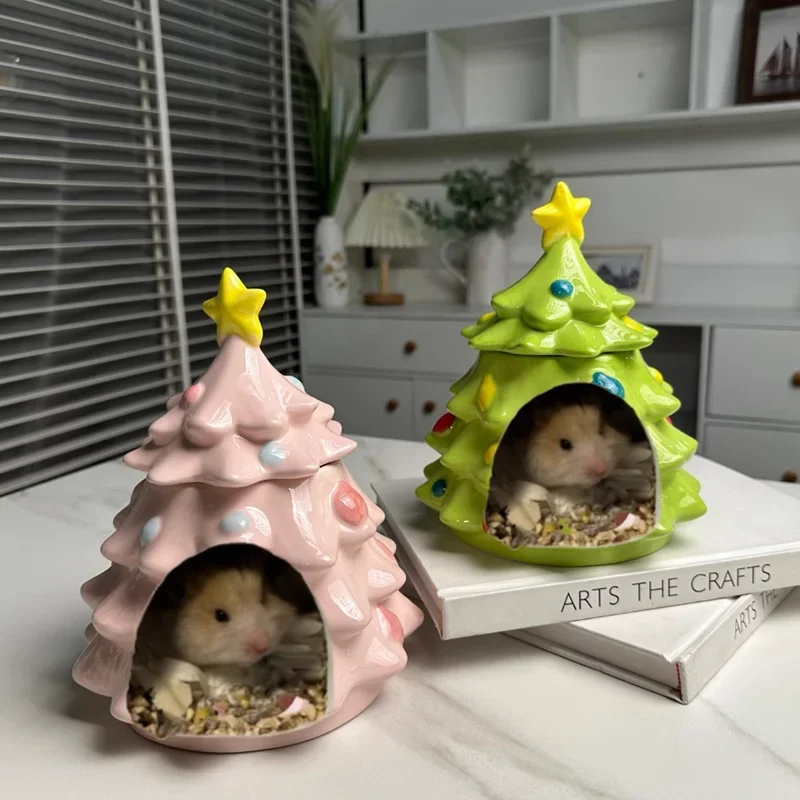 Christmas Tree Series Ceramic Hamster House and Kettle Stand Set Small Animal Cage Landscaping Supplies Rat Accessories