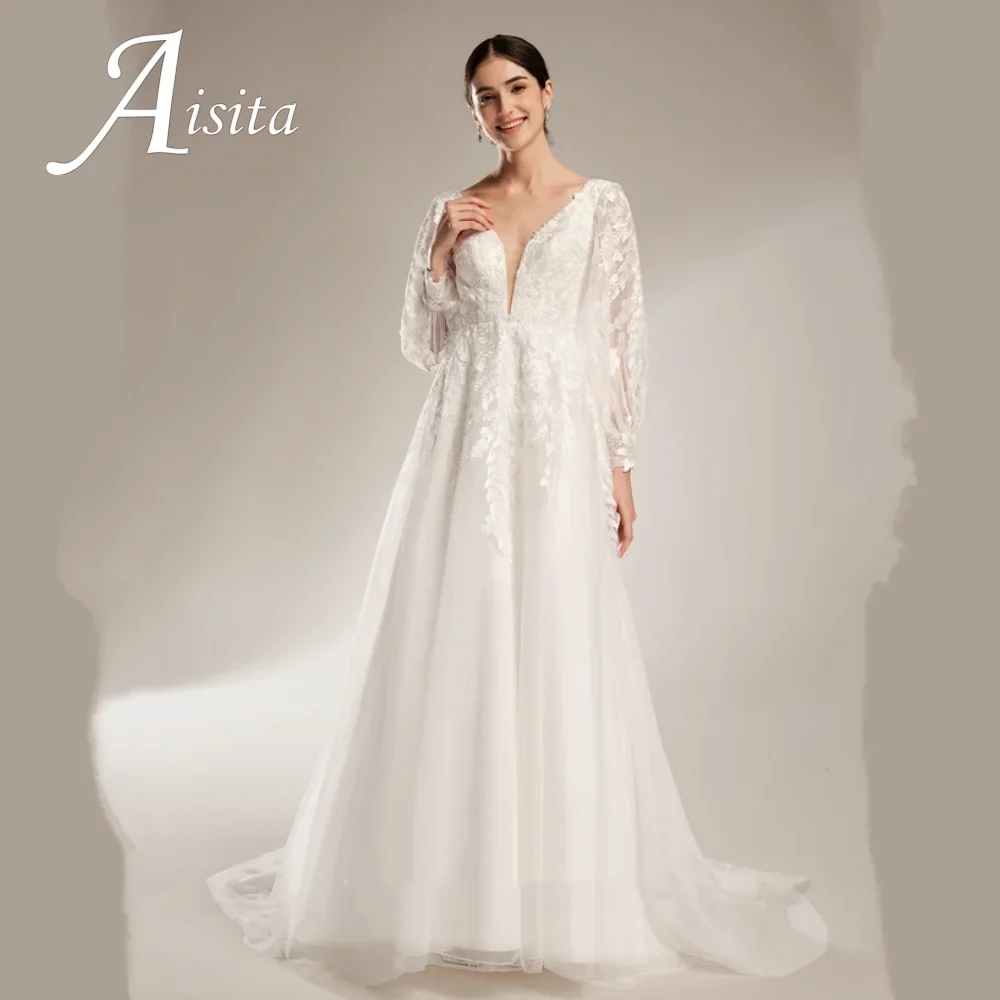 

Romantic Deep Puff Sleeves V Neck Wedding Dress customized Lace Appliques Detachable Bridal Gowns Open Back Vestidos De Novia