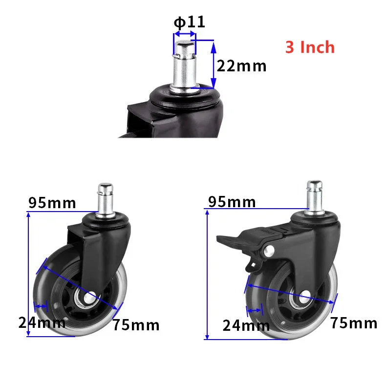 Imagem -05 - Roda Universal com Insert Rod Cadeira de Grande Classe Grampo Rodízios para Computador e Escritório Transparente e Silencioso pu M11x22 Peças Lote 2.5 Pol Pol