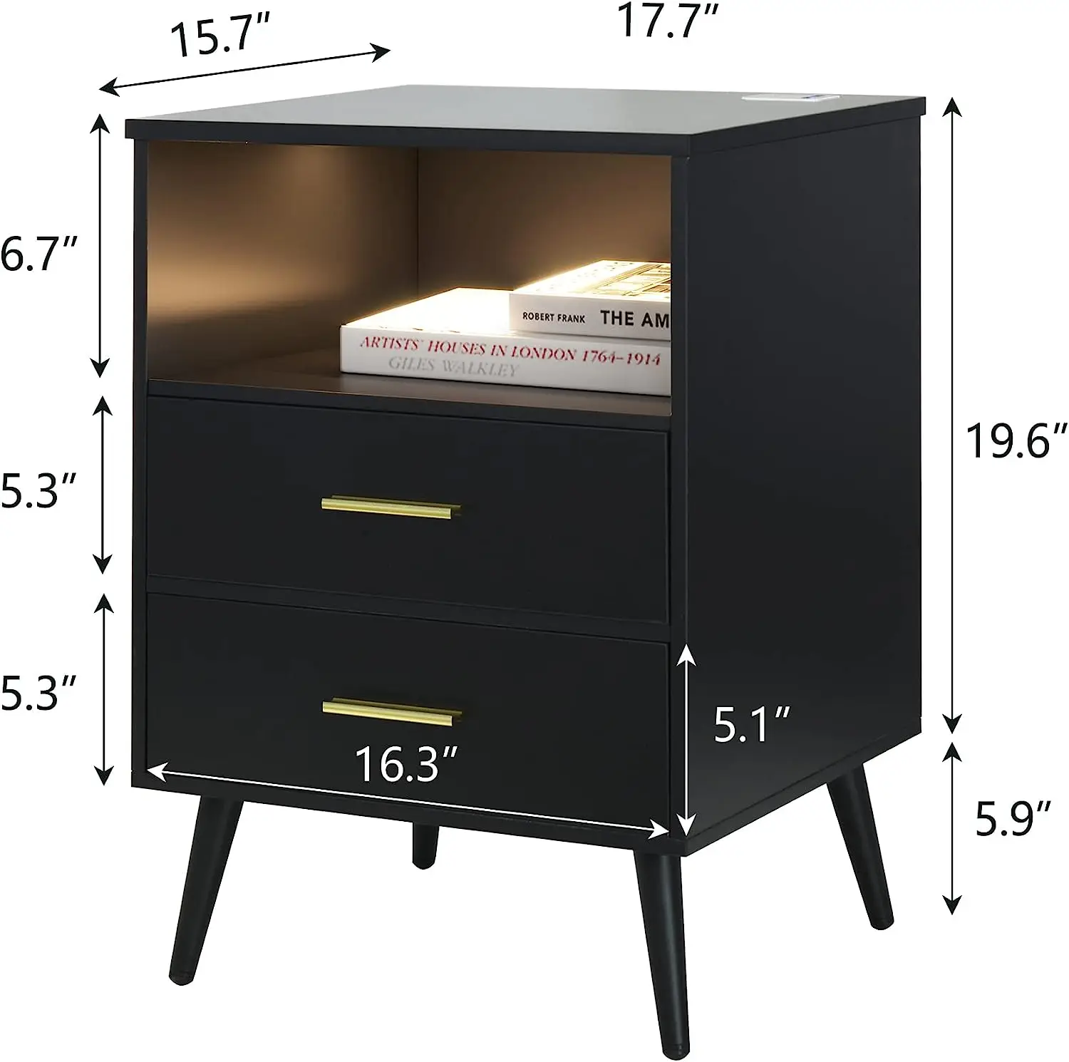 

Modern Bedside Table Smart Night Stand End Side Table with 2 Drawer Black Nightstand with Charging Station