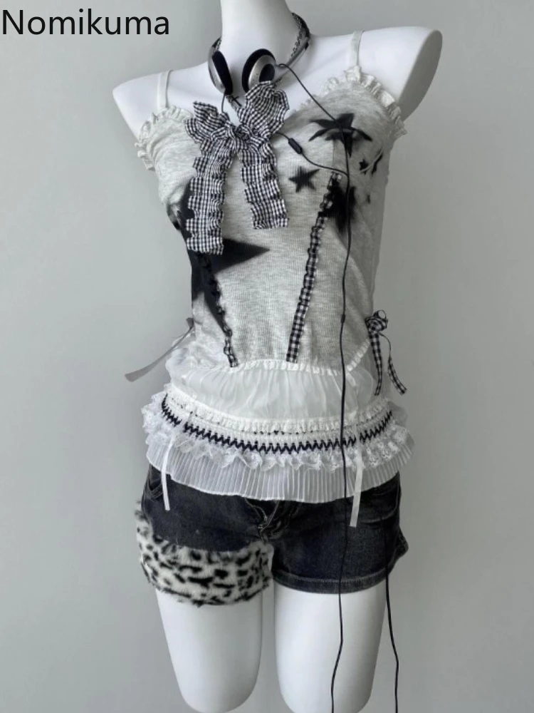

Y2k Top Black Star Graffiti Tanks Women's Clothing 2025 Patchwork Lace Ruffles Tunic Tees Chic Sexy Camis Bow Sweet Summer Vest