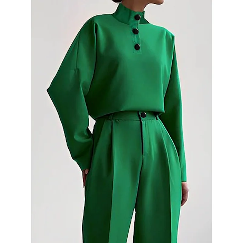 Tinaa Women Autumn Casual Sets 2024 Long Sleeves Buttoned Green Stand Collar T-Shirts Tops Casual Pants Bottoms Trousers