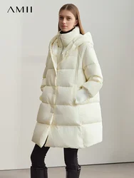 Amii 2024 Winter Warm New Women Down Jacket Cuffs Magnetic Buckle Zipper Hooded Fake Two-piece Thick Loose Long Coats 12444104