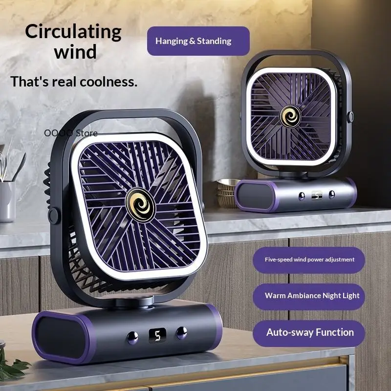 USB-Lade-Tischventilator für zu Hause, 2400 mAh Akku, tragbarer kleiner Camping-Luftkühlventilator mit LED-Licht, oszillierender Zirkulationsventilator