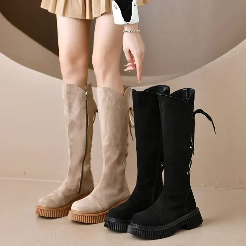 Women Knee High Boots Women Autumn Winter Platform Knight Boots Woman Black Brown New Fashion Cross-Tied Long Botas Mujer