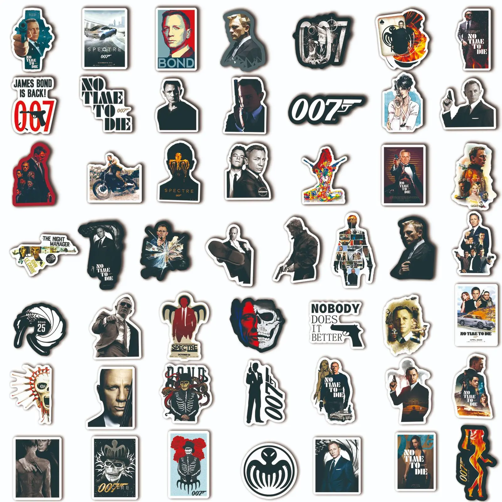 50Pcs 007 Series Movie Decorative Bond Stickers Funny Cartoon Decals For Laptop Luggage Skateboard Motorcycle Phone Waterproof