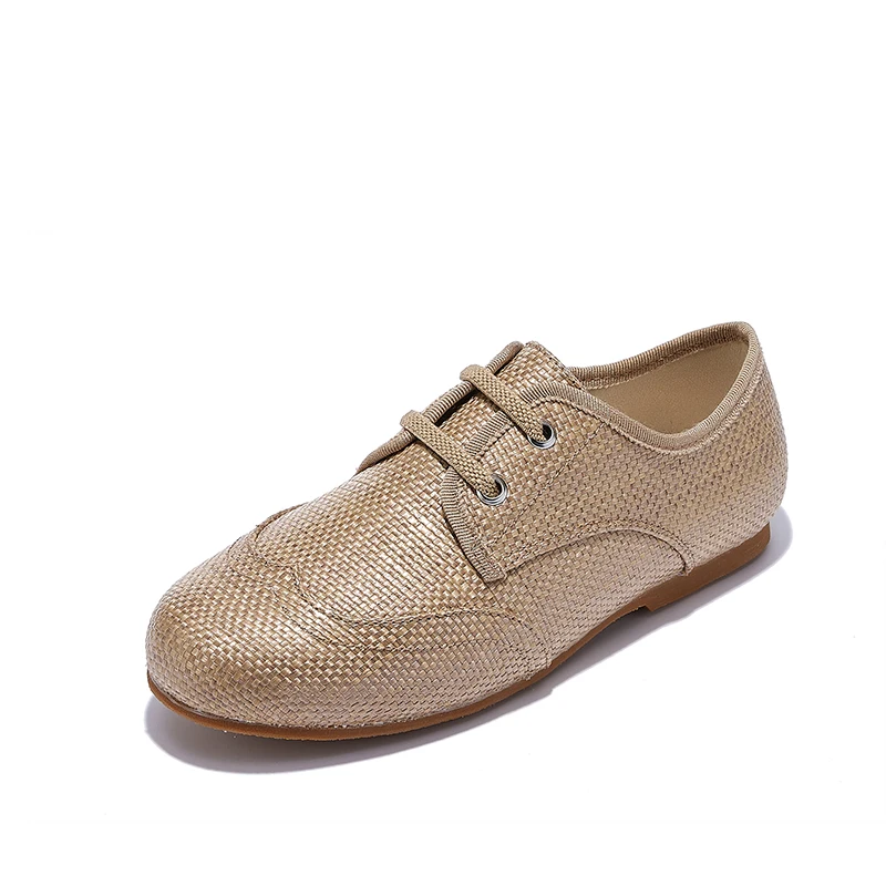 S-AP8-003 Dress Shoes For Kids  White Leather Brown Burlap Decorative Laces Classic Design Shoes New Spring