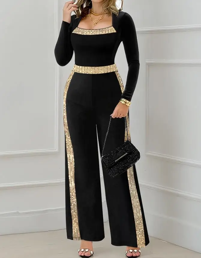 Sequin Bow Decoration Square Collar Long Sleeve Casual Jumpsuit with Wide Leg And Waistband for Women